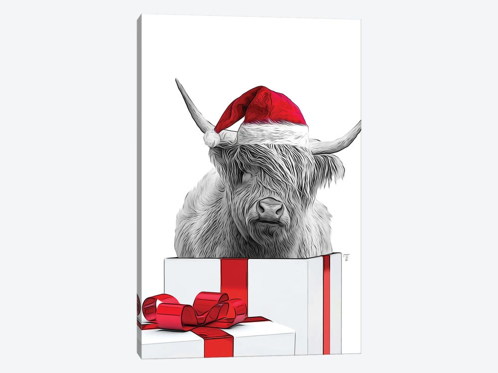 Highland With Christmas Hat, Christmas Gift Card by Printable Lisa's Pets 1-piece Canvas Wall Art