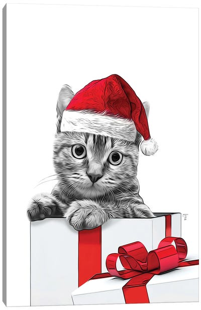 Cat Drawing With Christmas Hat, Christmas Gift Card Canvas Art Print - Christmas Animal Art