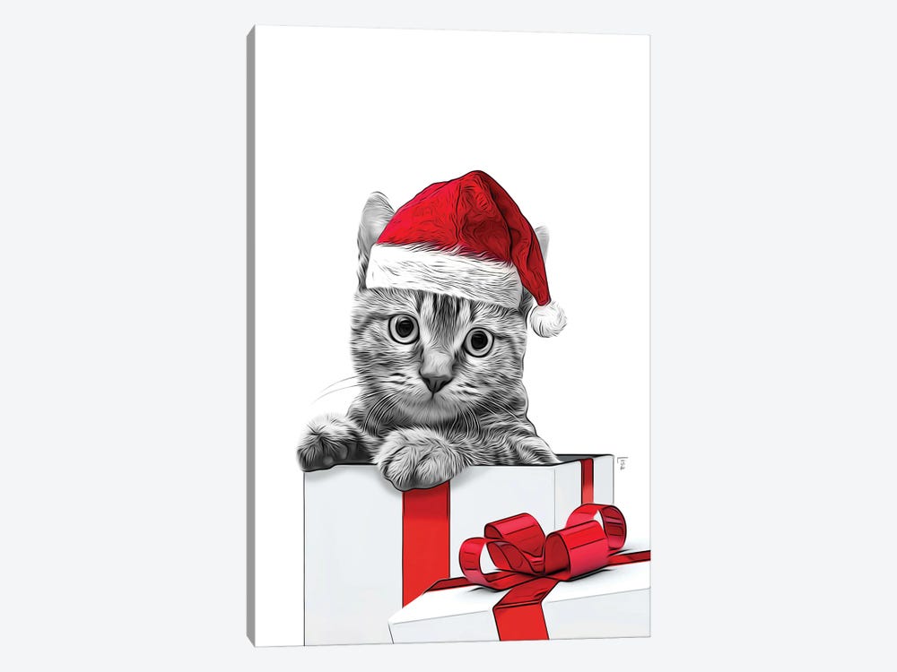 Cat Drawing With Christmas Hat, Christmas Gift Card by Printable Lisa's Pets 1-piece Canvas Art Print