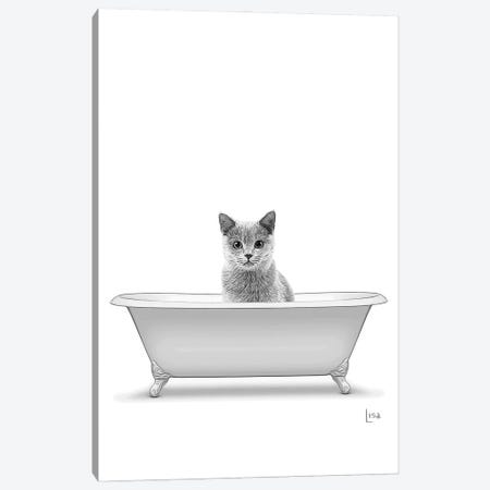 Gray Cat In Bathtub, Black And White Canvas Print #LIP405} by Printable Lisa's Pets Canvas Art Print