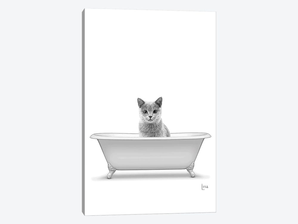 Gray Cat In Bathtub, Black And White by Printable Lisa's Pets 1-piece Canvas Art Print