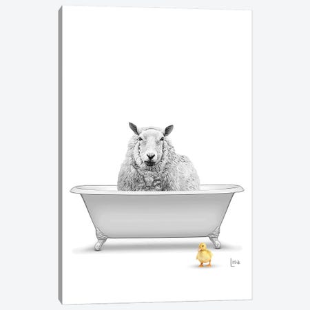 Sheep In Bathtub, Black And White, With Yellow Duck Canvas Print #LIP406} by Printable Lisa's Pets Canvas Print