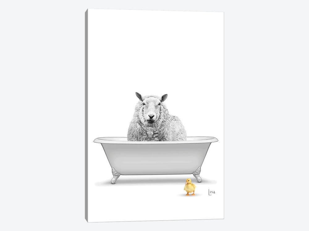 Sheep In Bathtub, Black And White, With Yellow Duck by Printable Lisa's Pets 1-piece Canvas Wall Art
