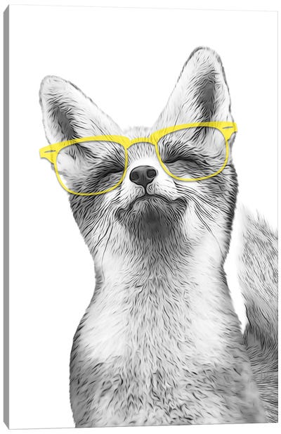 Fox With Yello Glasses Canvas Art Print - Black, White & Yellow Art