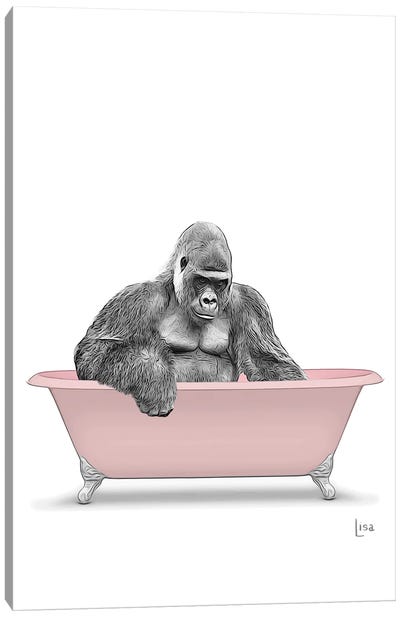 Gorilla In Pink Bathtub Canvas Art Print - Primate Art