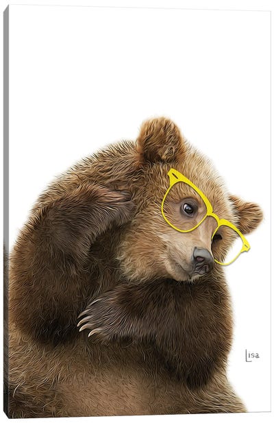 Tender Bear In Color With Yellow Glasses Canvas Art Print - Brown Bear Art