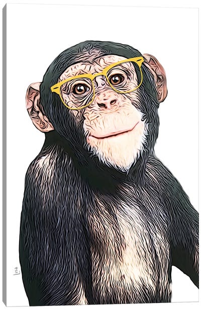Chimpanzee In Color With Yellow Glasses Canvas Art Print - Chimpanzee Art