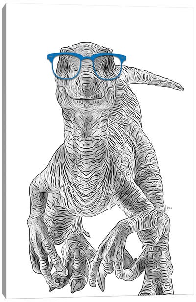 Velociraptor With Blue Glasses Canvas Art Print - Dinosaur Art