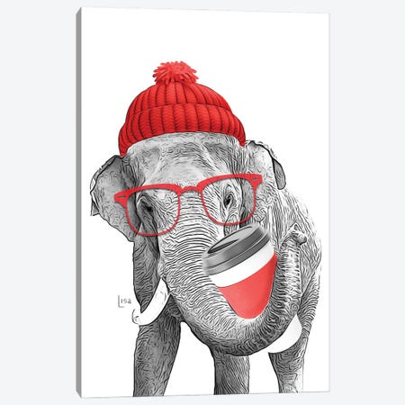 Elephant With Red Glasses, Red Hat And Red Coffee Cup Canvas Print #LIP429} by Printable Lisa's Pets Canvas Art