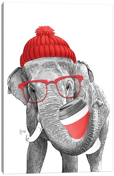 Elephant With Red Glasses, Red Hat And Red Coffee Cup Canvas Art Print - Printable Lisa's Pets
