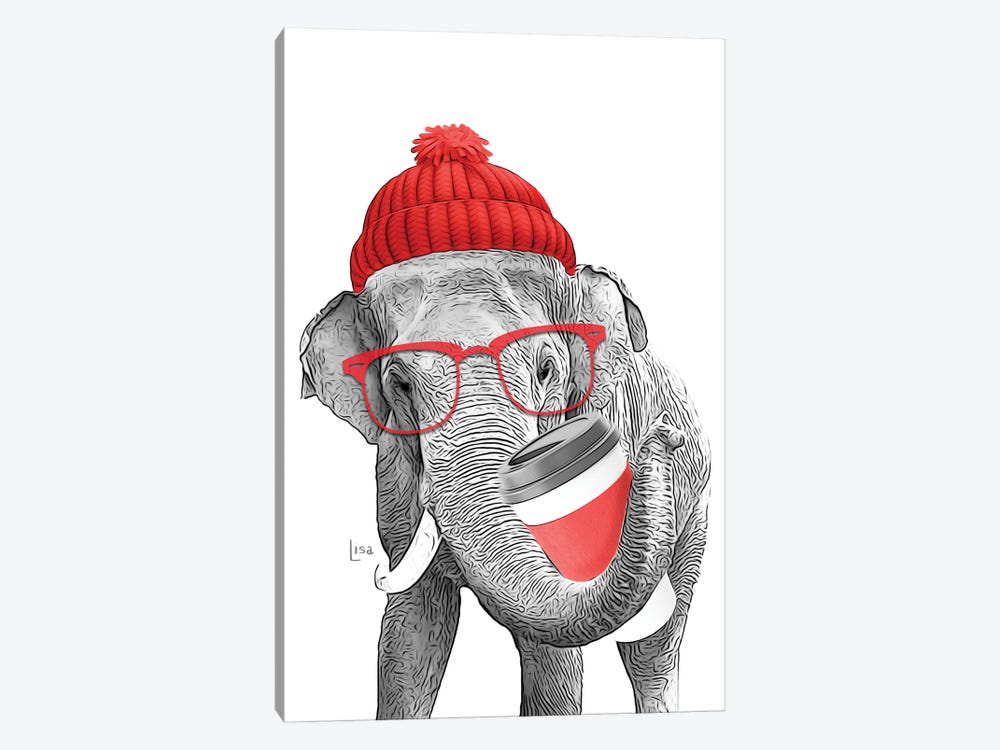 Elephant With Red Glasses, Red Hat And Red Coffee Cup by Printable Lisa's Pets 1-piece Canvas Art Print