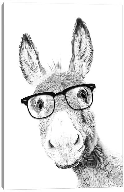 Donkey With Black Glasses Canvas Art Print - Black & White Graphics & Illustrations
