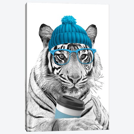 Tiger With Blue Glasses, Blue Hat And Blue Coffee Cup Canvas Print #LIP432} by Printable Lisa's Pets Canvas Art Print