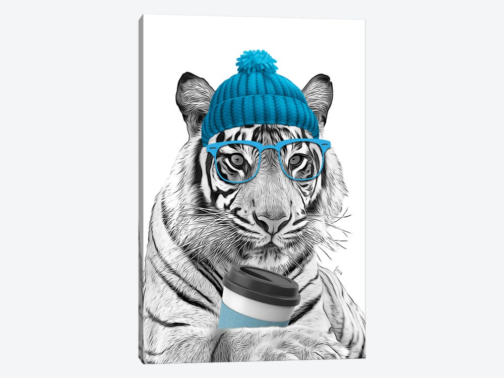 Tiger With Blue Glasses, Blue Hat And Blue Coffee Cup by Printable Lisa's Pets 1-piece Canvas Art Print