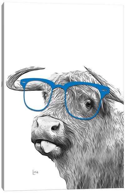 Funny Highland Cow With Blue Glasses Canvas Art Print - Highland Cow Art