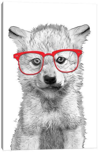 Wolf Puppy With Red Glasses Canvas Art Print - Wolf Art