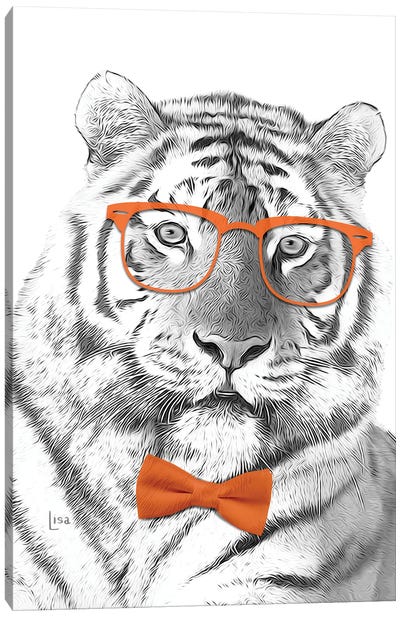 Tiger With Glasses And Orange Bow Tie Canvas Art Print - Printable Lisa's Pets