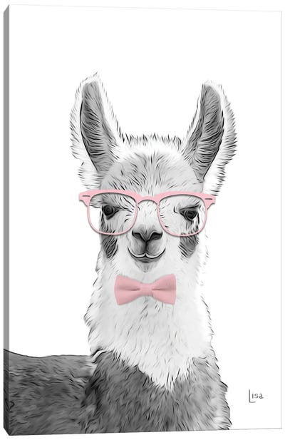 Llama With Glasses And Pink Bow Tie Canvas Art Print - Llama & Alpaca Art