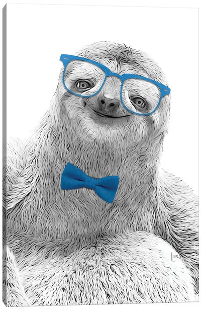 Sloth With Glasses And Blue Bow Tie Canvas Art Print - Printable Lisa's Pets
