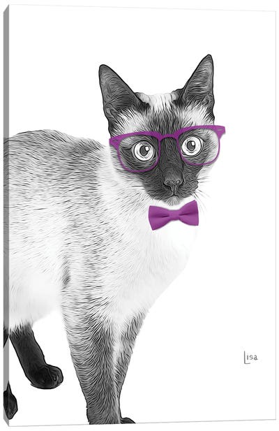 Siamese Cat With Glasses And Purple Bow Tie Canvas Art Print - Siamese Cat Art