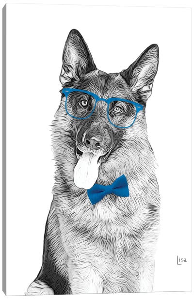 German Shepherd With Glasses And Blue Bow Tie Canvas Art Print - German Shepherd Art
