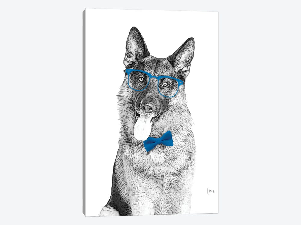 German Shepherd With Glasses And Blue Bow Tie by Printable Lisa's Pets 1-piece Canvas Wall Art