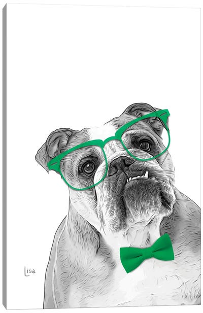 English Bulldog With Green Glasses And Bow Tie Canvas Art Print - Bulldog Art