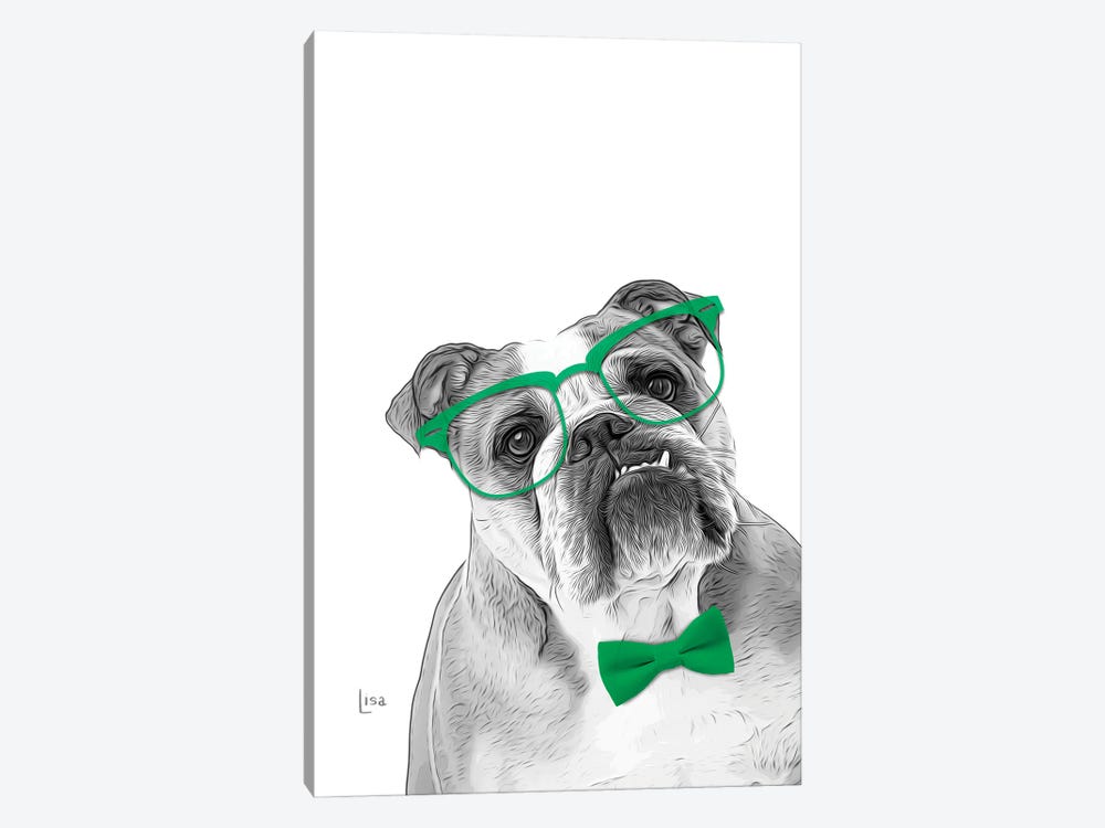English Bulldog With Green Glasses And Bow Tie by Printable Lisa's Pets 1-piece Canvas Wall Art