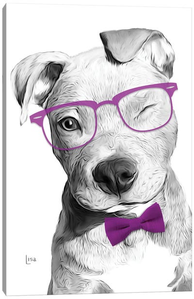 Pitbull With Glasses And Purple Bow Tie Canvas Art Print - Pit Bull Art