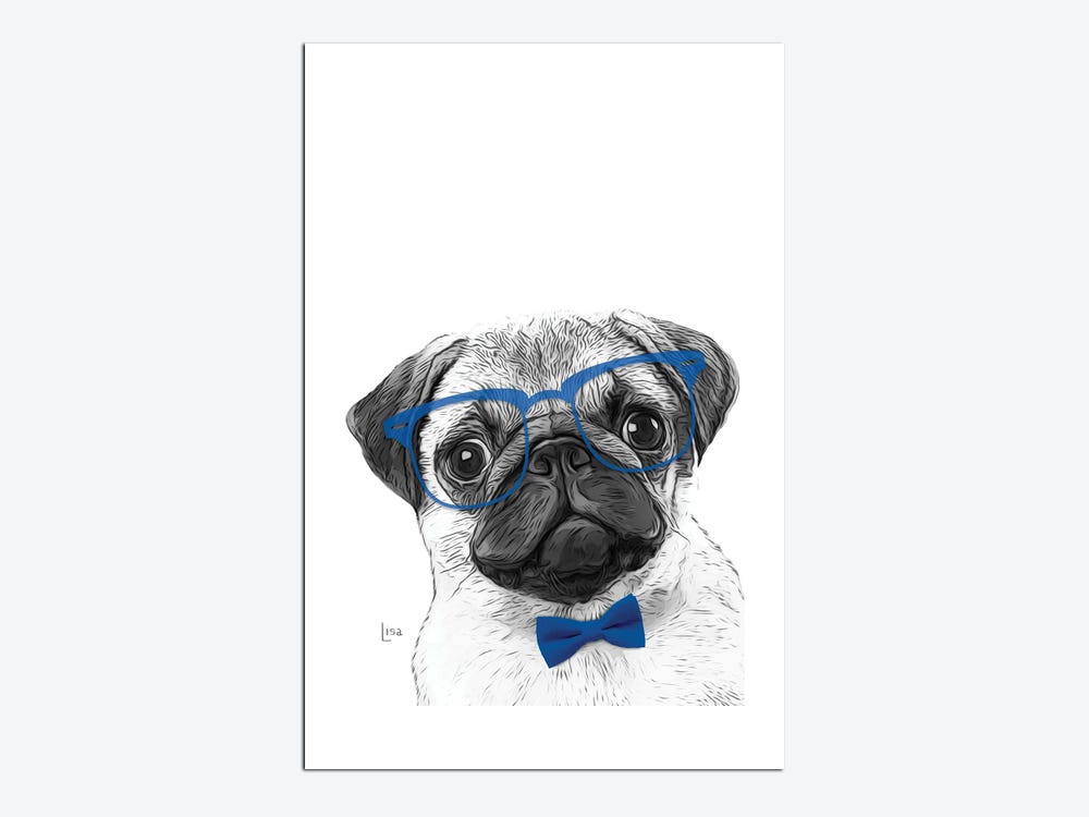 Pug With Glasses And Blue No - Canvas Wall Art