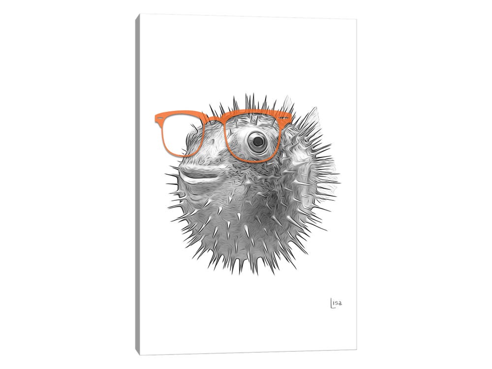 Puffer Fish With Orange Glasses Ar - Art Print