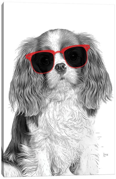 Cavalier King With Red Sunglasses Canvas Art Print - Spaniels