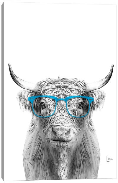 Cow With Light Blue Glasses Canvas Art Print - Highland Cow Art