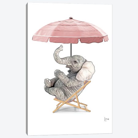 Elephant At The Beach On Deck Chair And Umbrella Canvas Print #LIP562} by Printable Lisa's Pets Canvas Print