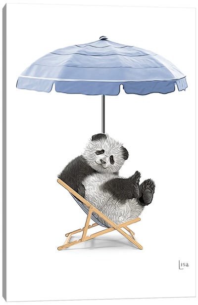 Panda At The Beach On Deck Chair And Umbrella Canvas Art Print - Panda Art