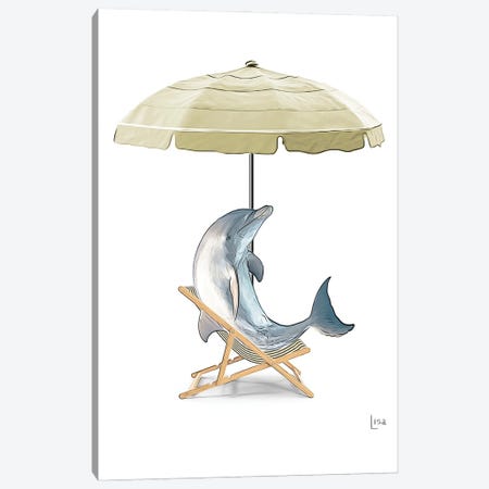 Dolphin At The Beach On Deck Chair And Umbrella Canvas Print #LIP565} by Printable Lisa's Pets Canvas Wall Art