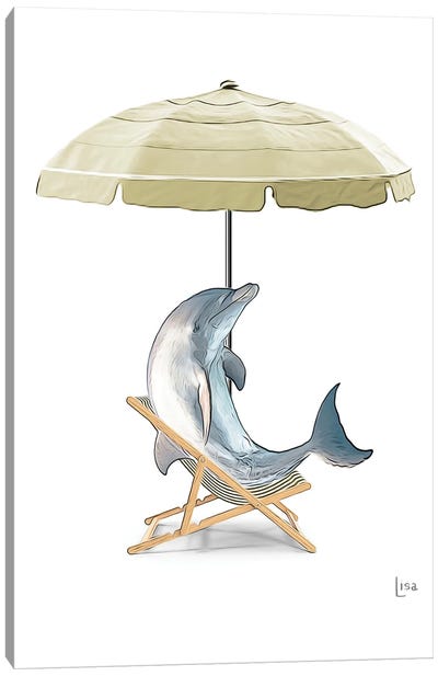 Dolphin At The Beach On Deck Chair And Umbrella Canvas Art Print - Dolphin Art