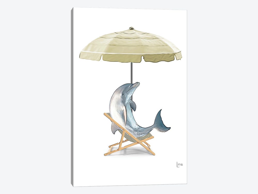 Dolphin At The Beach On Deck Chair And Umbrella by Printable Lisa's Pets 1-piece Canvas Artwork