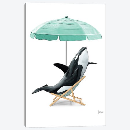 Whale At The Beach On Deck Chair And Umbrella Canvas Print #LIP566} by Printable Lisa's Pets Canvas Wall Art