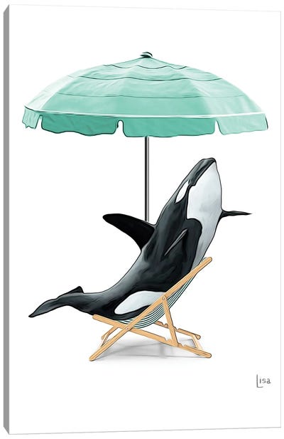 Whale At The Beach On Deck Chair And Umbrella Canvas Art Print - Printable Lisa's Pets