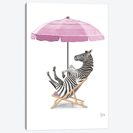 Zebra At The Beach On Deck Chair And Umbrella Canvas Print #LIP567} by Printable Lisa's Pets Canvas Wall Art