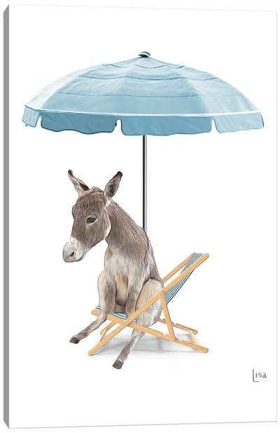 Donkey At The Beach On Deck Chair And Umbrella Canvas Art Print - Printable Lisa's Pets