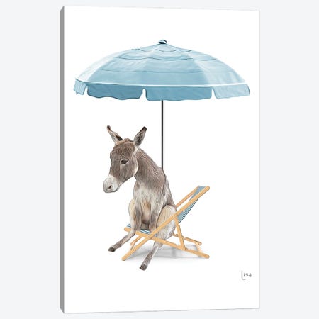 Donkey At The Beach On Deck Chair And Umbrella Canvas Print #LIP568} by Printable Lisa's Pets Art Print
