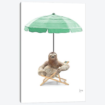 Sloth At The Beach On Deck Chair And Umbrella Canvas Print #LIP569} by Printable Lisa's Pets Canvas Art Print