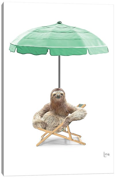 Sloth At The Beach On Deck Chair And Umbrella Canvas Art Print - Printable Lisa's Pets