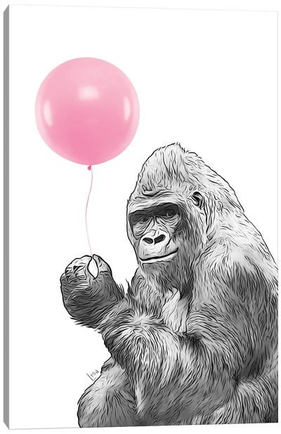 Funny Gorilla With Pink Balloon Canvas Art Print - Gorilla Art