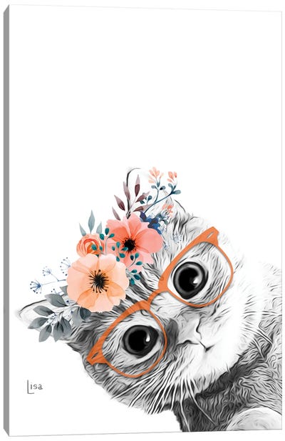 Cat With Glasses And Orange Flower Crown Canvas Art Print - Printable Lisa's Pets