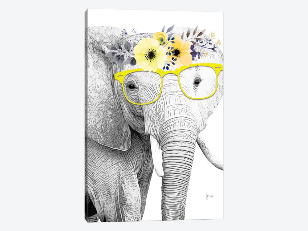 Elephant With Glasses And Yellow Flower Crown by Printable Lisa's Pets 1-piece Canvas Wall Art