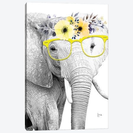 Elephant With Glasses And Yellow Flower Crown Canvas Print #LIP578} by Printable Lisa's Pets Canvas Wall Art