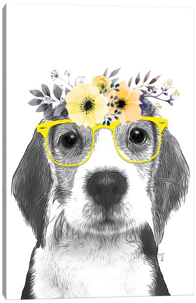 Beagle Dog With Glasses And Yellow Flower Crown Canvas Art Print - Printable Lisa's Pets